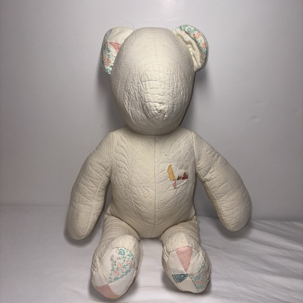 Vintage Handmade Teddy Bear White Quilted Fabric 23" Cottagecore Nursery Decor